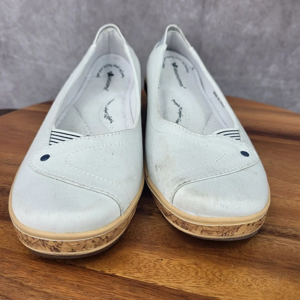 Grasshoppers Wedge Sandals Womens 8.5 White Cork Canvas Slip On Comfort Shoes‎